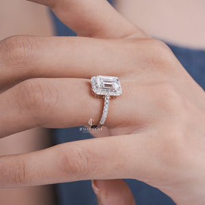 2CT Emerald Moissanite Halo Setting Ring with Pave Band | Engagement Jewelry | IGI Certified