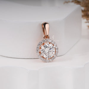 Round 1ct Moissanite Rose Gold Halo Set Pendent, E-F Color, VVS-VS Clarity - IGI Certified (Only Pendent)