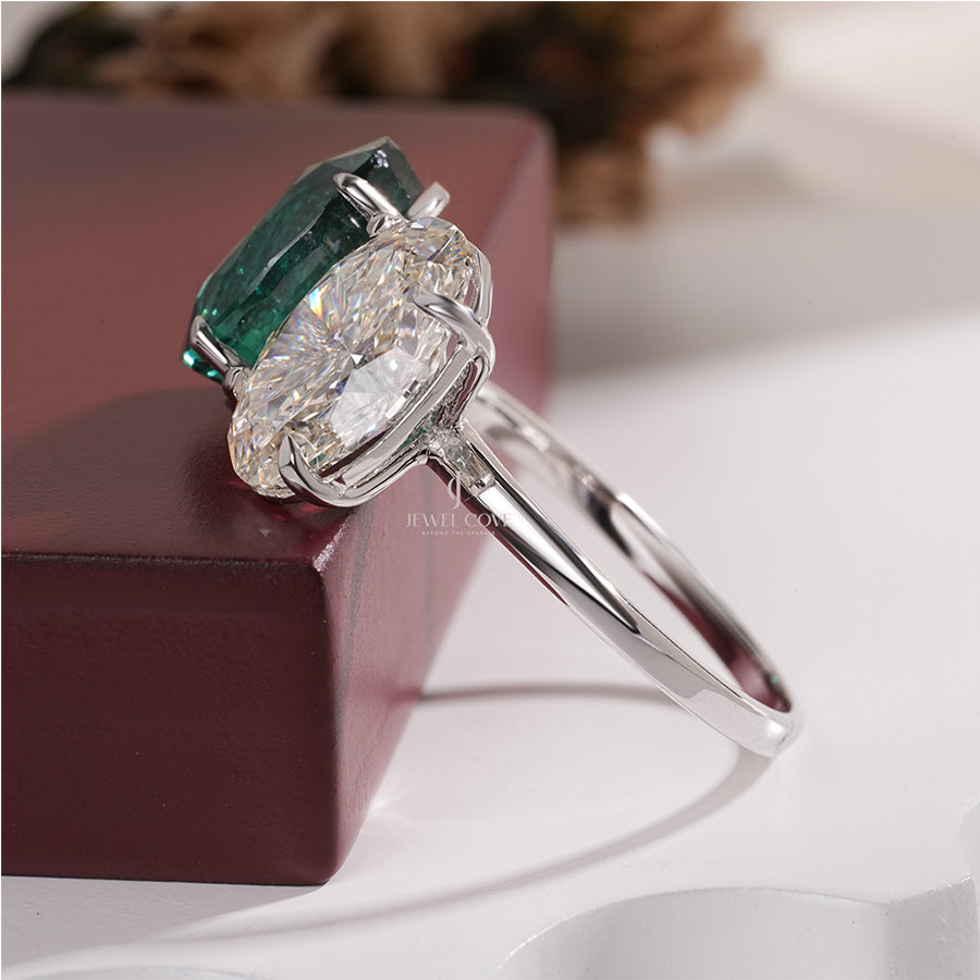 Two Stone Oval Moissanite Ring with Green Emerald and White Diamond
