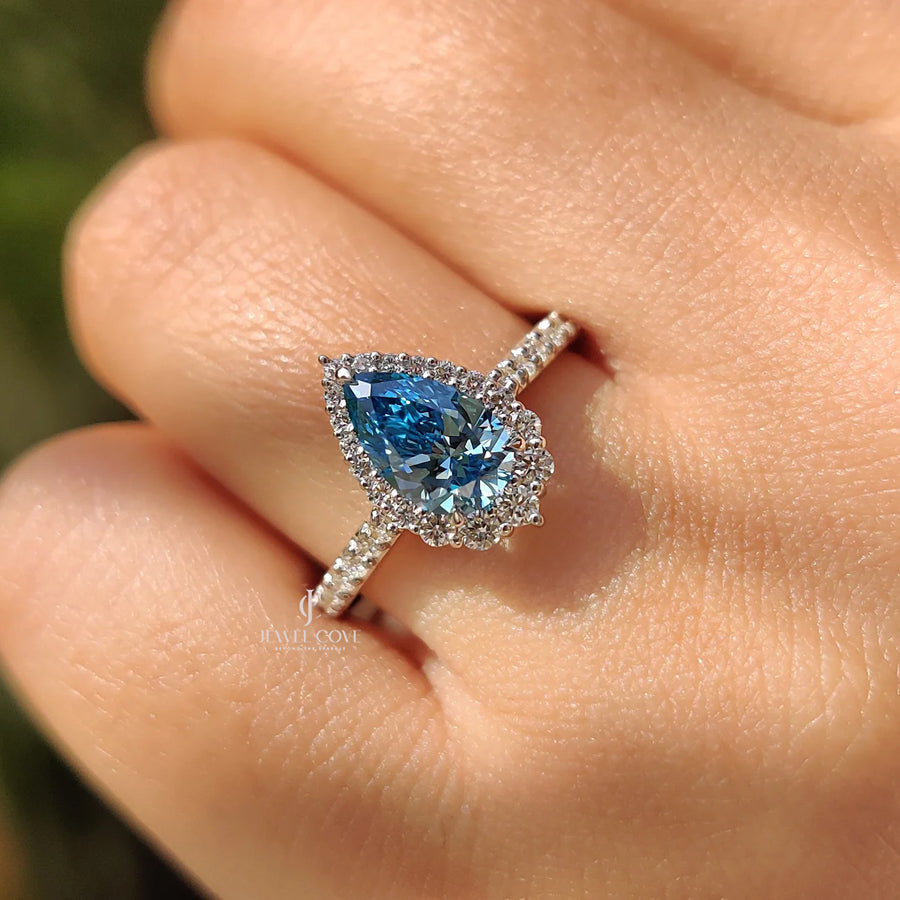 Cyan Blue Pear Diamond Ring In cathedral setting | Lab Grown Diamonds | IGI Certified