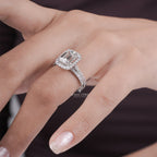 Emerald Cut Lab Grown Diamond Ring, Halo Setting Engagement Ring, White Gold Double Band