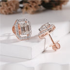 Brilliant Halo Emerald Diamond Stud Earrings with side round diamond