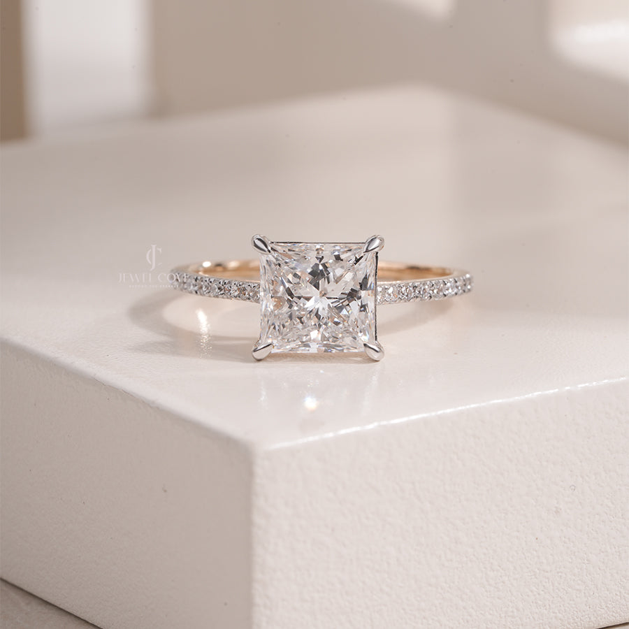 Princess Moissanite Engagement Ring with Pave Band in Yellow Gold, Classic Solitaire Fine Jewelry