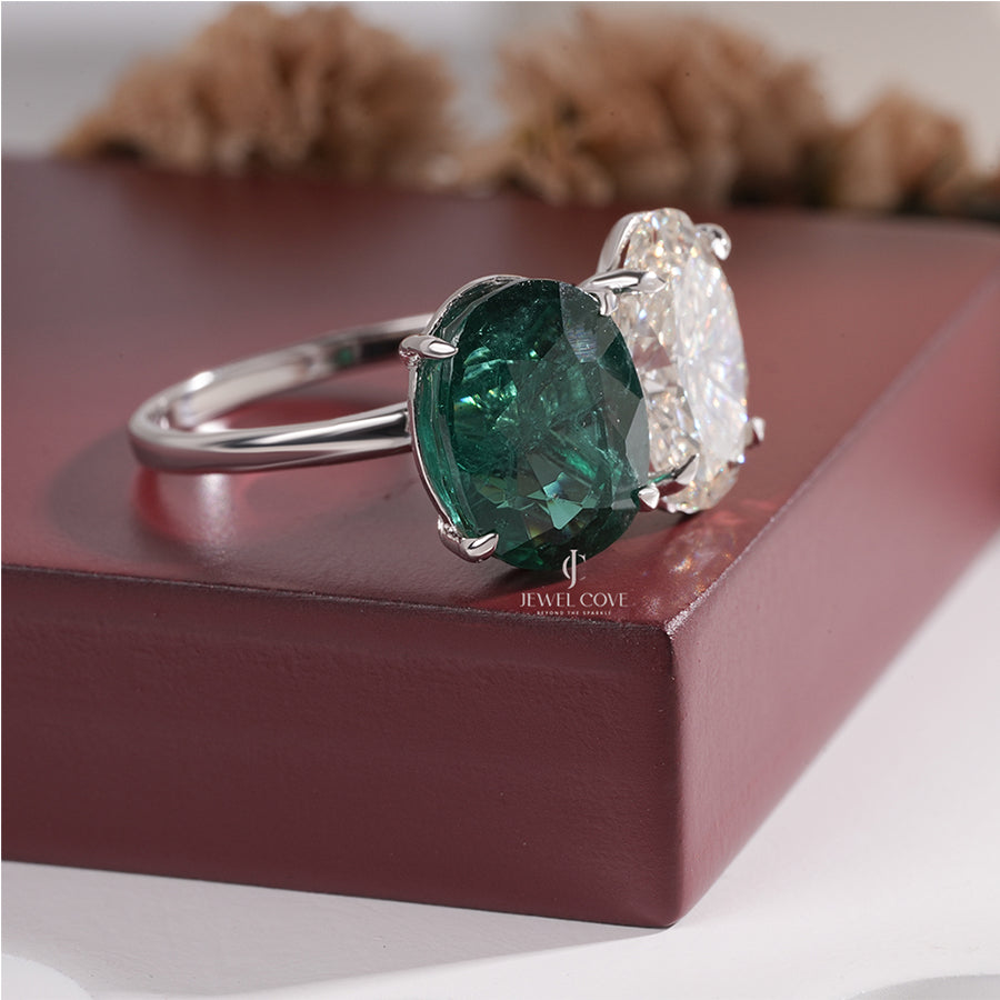 Two Stone Oval Cut Ring with Green Emerald and White Diamond