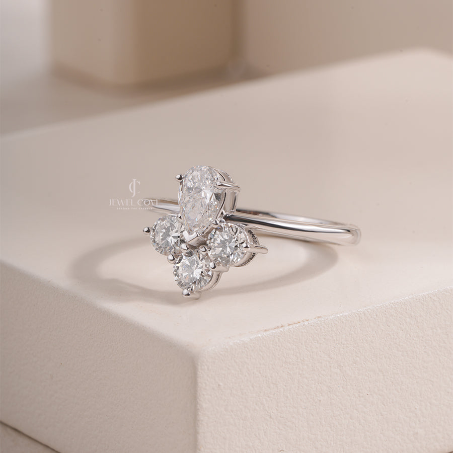 Pear & Round Side Stones Solitaire Ring | Lab Grown Diamond | 14K White Gold Eternity Ring | IGI Certified