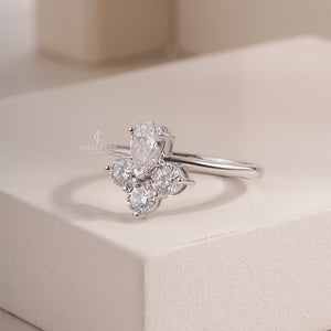 Pear & Round Side Stones Solitaire Ring | Lab Grown Diamond | 14K White Gold Eternity Ring | IGI Certified