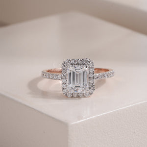 2CT Emerald Lab Grown Halo Setting Ring with Pave Band | Engagement Jewelry | IGI Certified