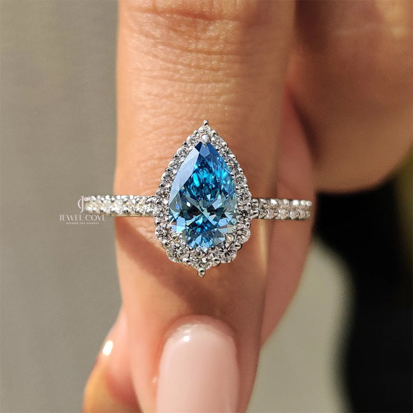 Cyan Blue Pear Diamond Ring In cathedral setting | Lab Grown Diamonds | IGI Certified