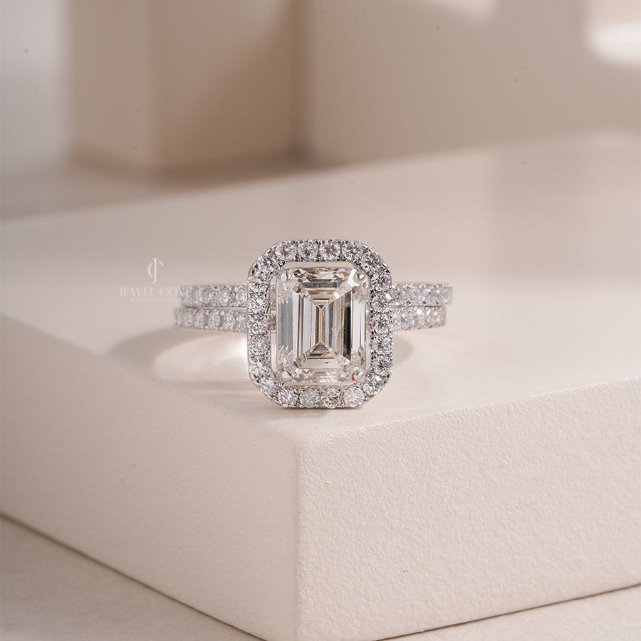 Emerald Cut Lab Grown Diamond Ring, Halo Setting Engagement Ring, White Gold Double Band