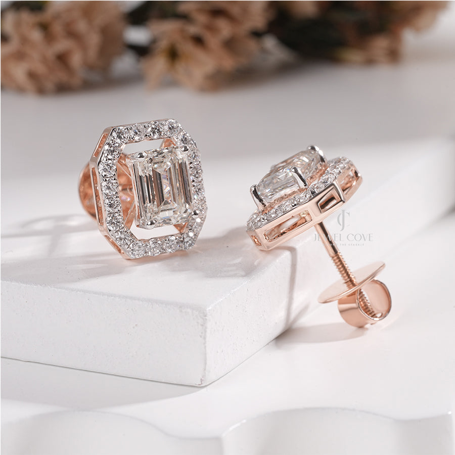 Brilliant Halo Emerald Diamond Stud Earrings with side round diamond