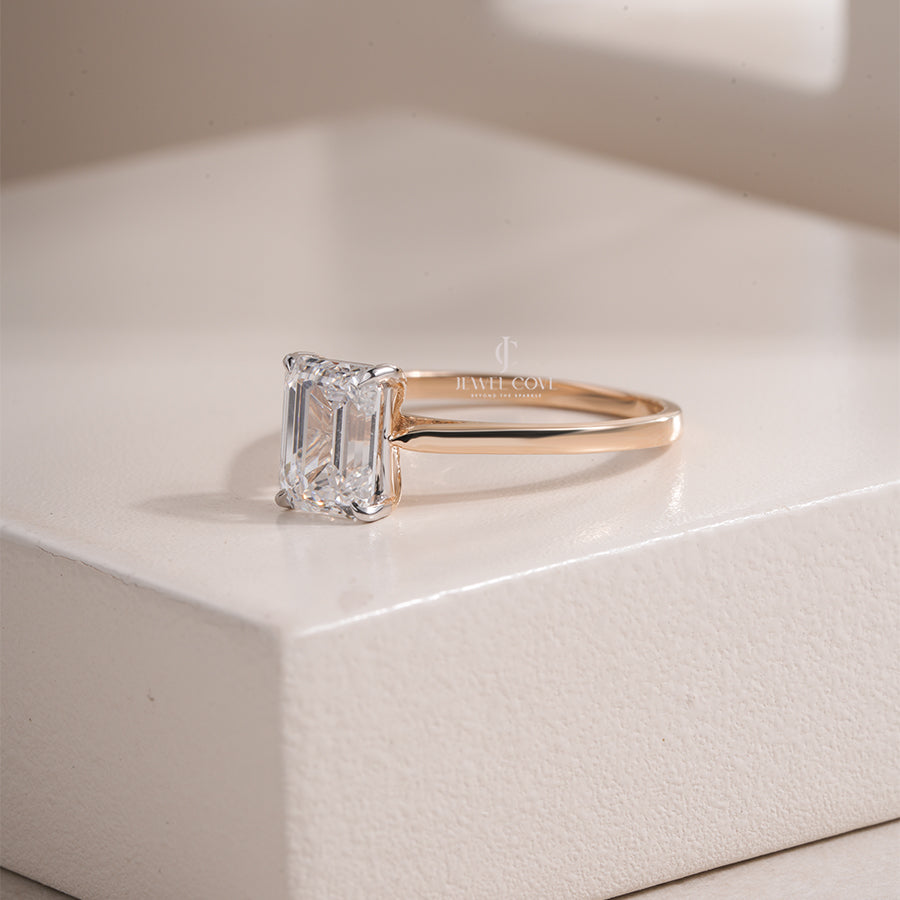 1.5CT Emerald Solitaire Lab Grown Minimalist Shank Yellow Gold Ring | IGI Certified