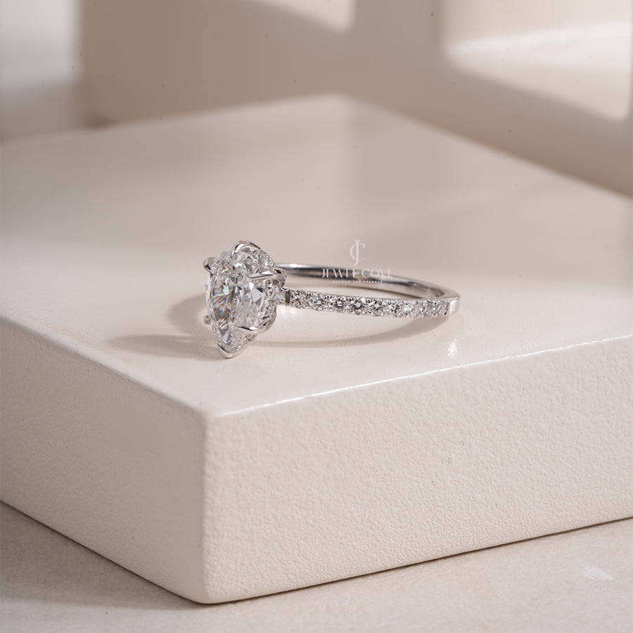 Pear Cut Moissanite Diamond Ring with Pave Band Elegant Bridal Jewelry