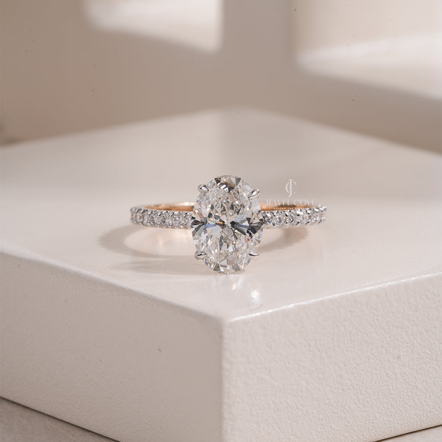 Oval Lab Grown Engagement Eternity Ring with Pave Band | IGI Certified | Yellow Gold Ring
