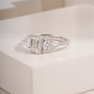Three Stone Emerald & Pear Moissanite Solitaire Ring | 14K White Gold Eternity Ring | IGI Certified