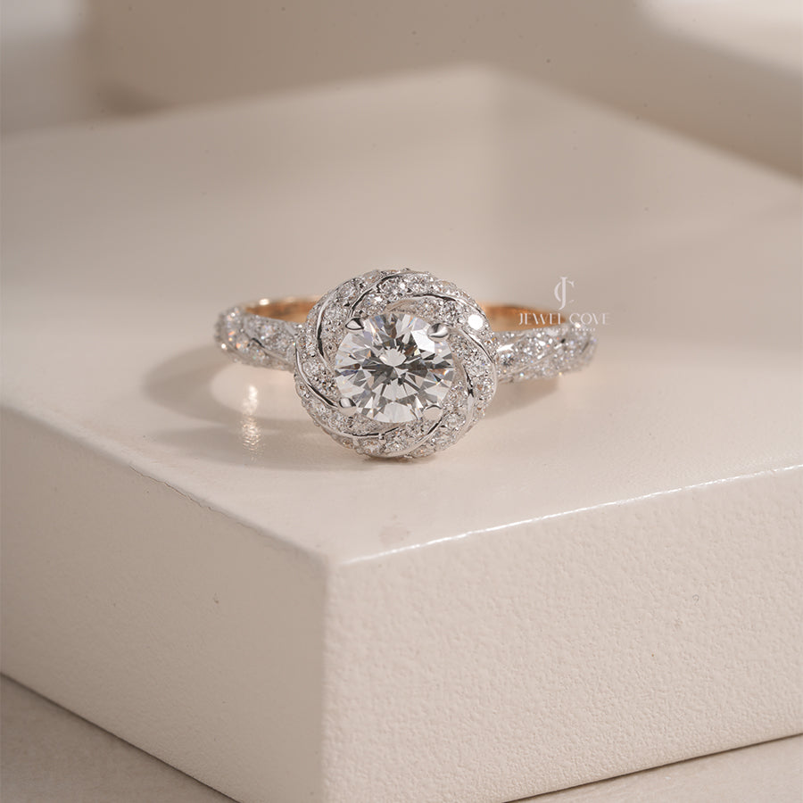 Round Cut Moissanite Diamond Ring with Elegant Swirl Halo and Pave Diamond Band