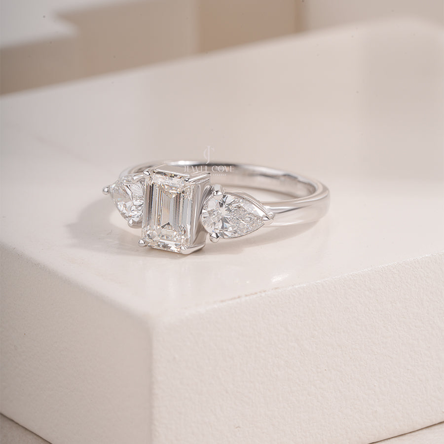 Emerald Cut Lab Grown Diamond Engagement Ring, Three Stone Setting with Pear Shape Side Diamonds