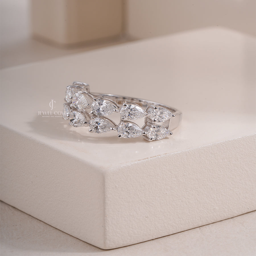 Pear Shape Diamond Half Eternity Ring, Moissanite Diamonds, White Gold Wedding Band, Pear Cut Stacking Ring