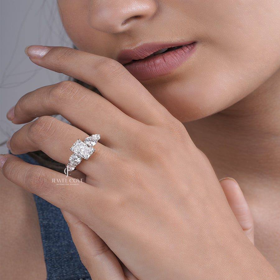 Emerald Cut Moissanite Engagement Ring with Tapered Side Diamonds in White Gold, Elegant Three Stone Ring