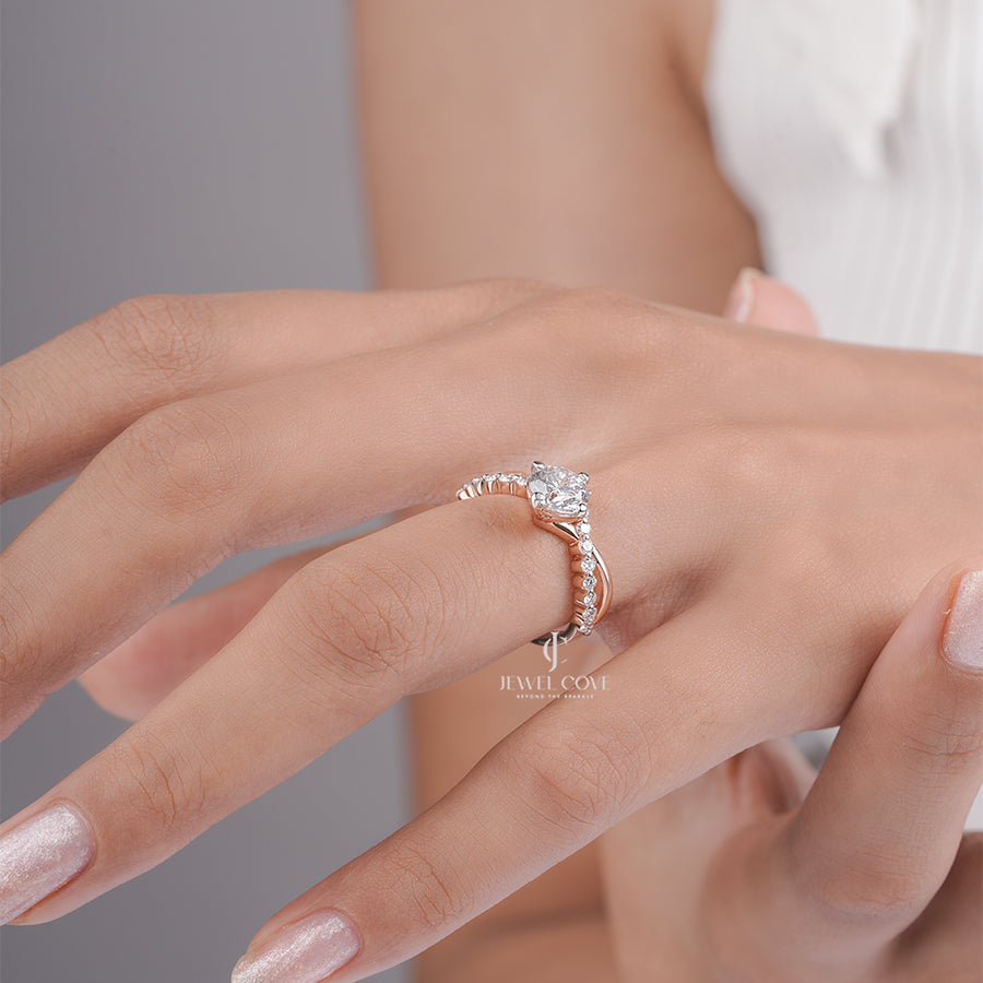 Round Cut Lab Grown Diamond Engagement Ring with Twisted Pave Band and Four-Prong Setting