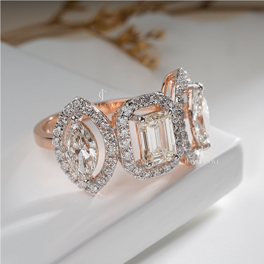 Emerald diamond with side Two Marquise Leafy Engagement Ring