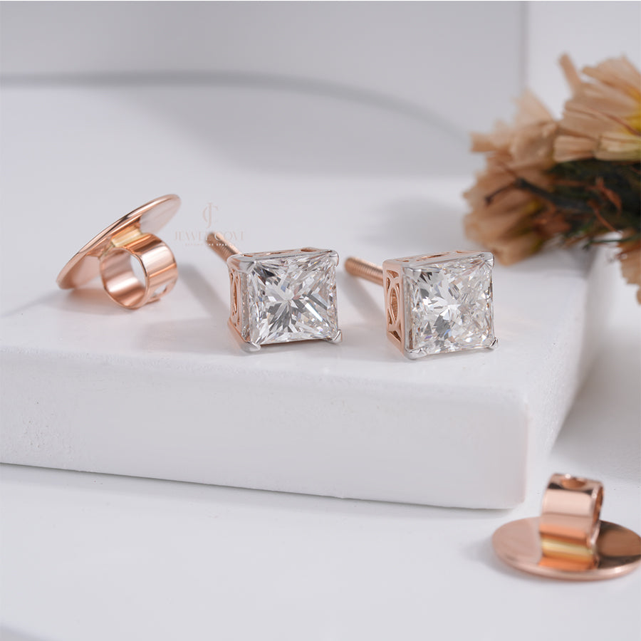 Princess Cut Diamond Stud Earrings for Women in Rose Gold Daily Wear Jewellery Gift