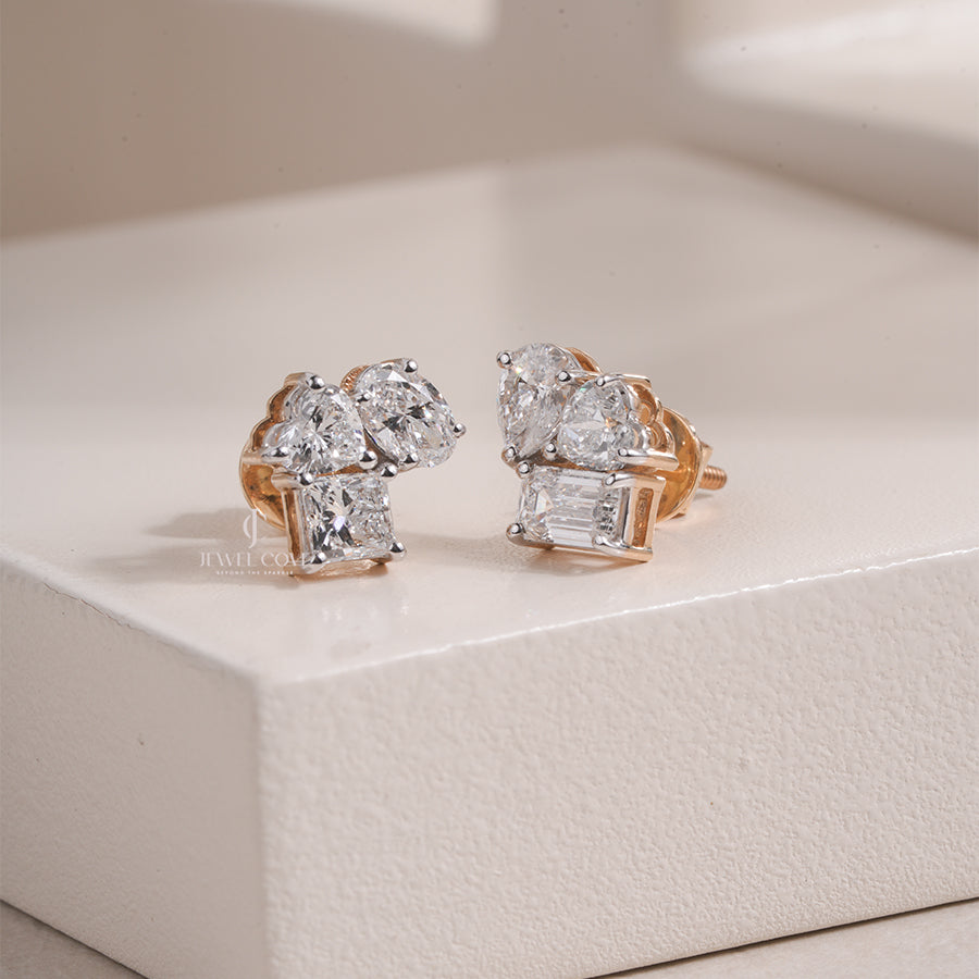 Multi Shape Diamond Stud Earrings with Pear, Heart, and Emerald Cuts