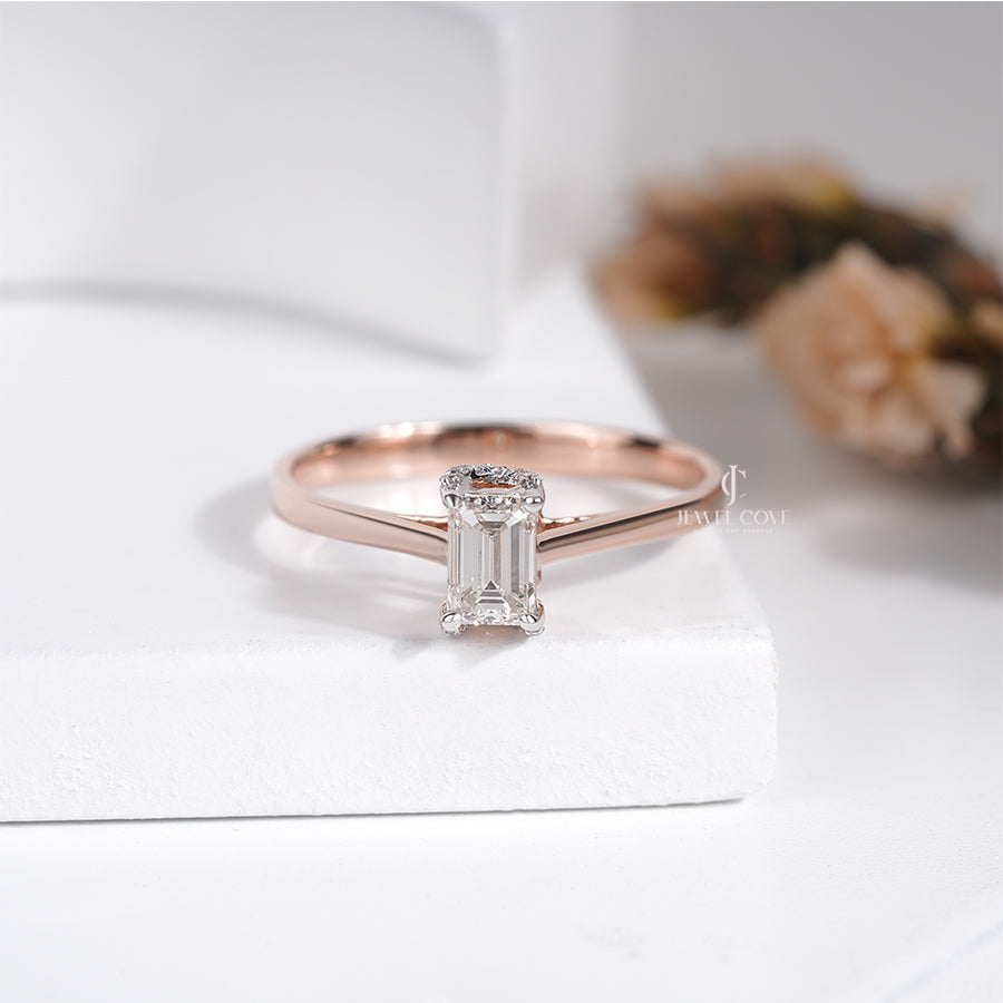 Hidden Halo Emerald Solitaire Lab Grown Diamond Ring | IGI Certified | E-F Color | VVS- VS Clarity
