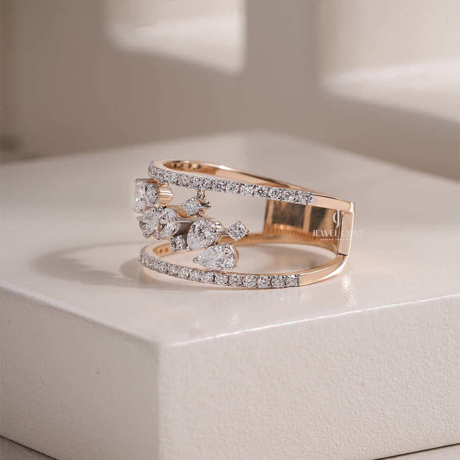 Open Cuff Lab Grown Diamond Ring with Pear and Round Cut Diamonds in Yellow Gold