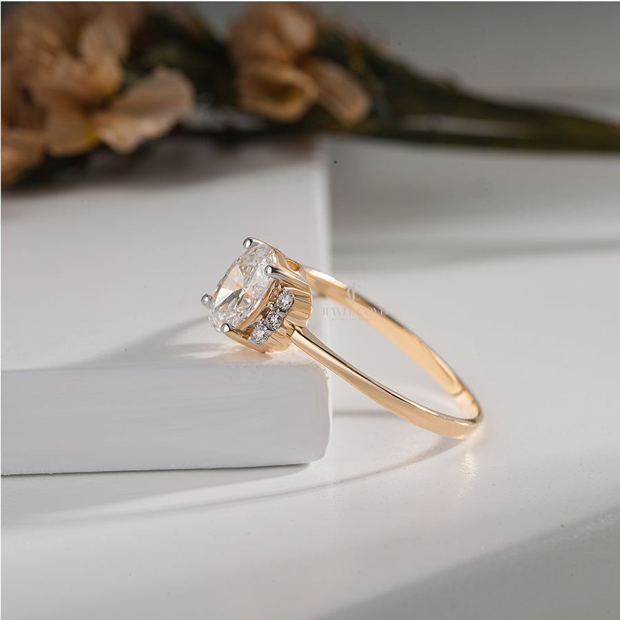 Oval Cut Diamond Engagement Ring with Side Halo on Gold Band