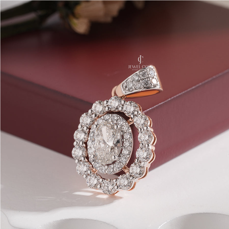 Oval Moissanite Diamond with Double Halo and Scalloped Diamond Border Pendant