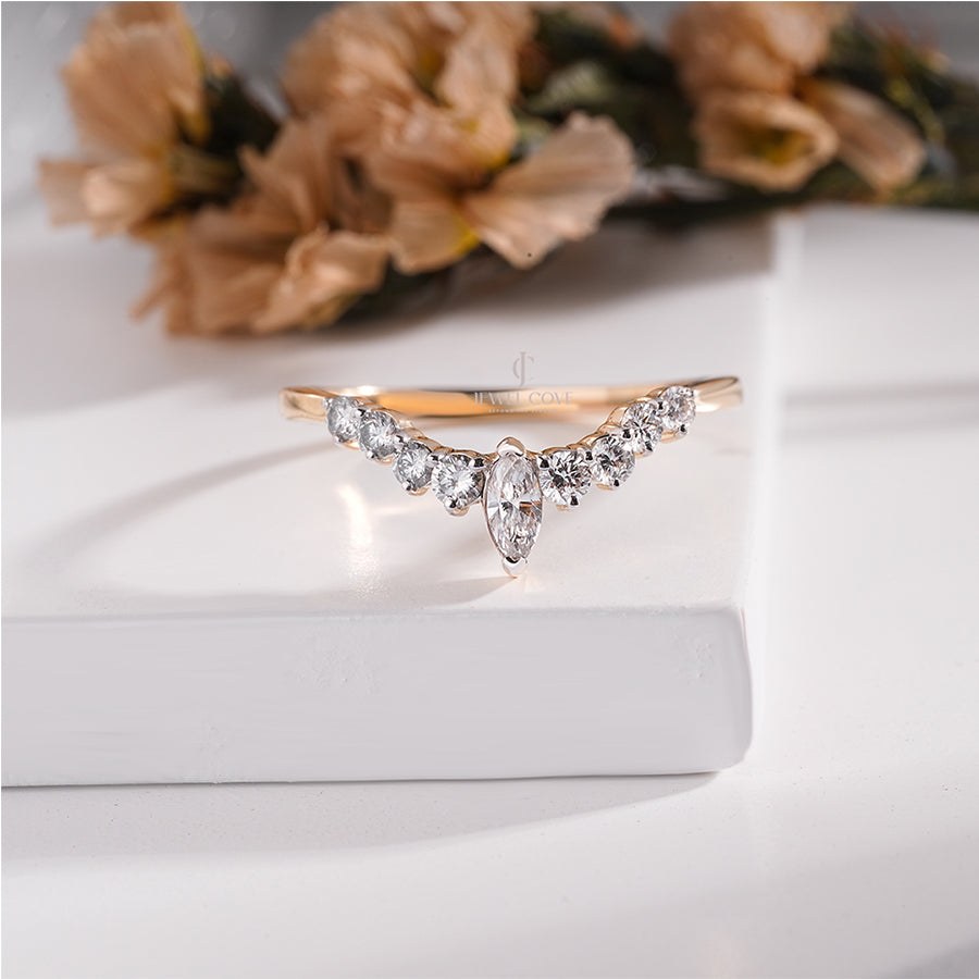 Elegant Marquise V-Shape Ring with Round Accents Engagement Band