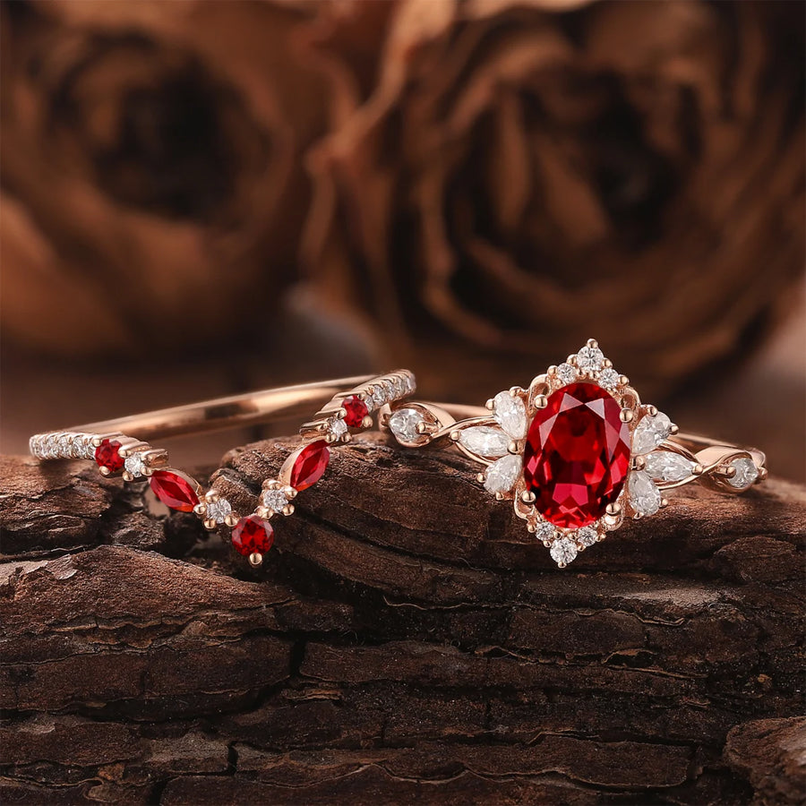 Art Deco Oval Shaped Ruby Gemstone Cluster Bridal Set Rings | Moissanite Diamonds | GRA Certified