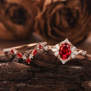 Art Deco Oval Shaped Ruby Gemstone Cluster Bridal Set Rings | Moissanite Diamonds | GRA Certified