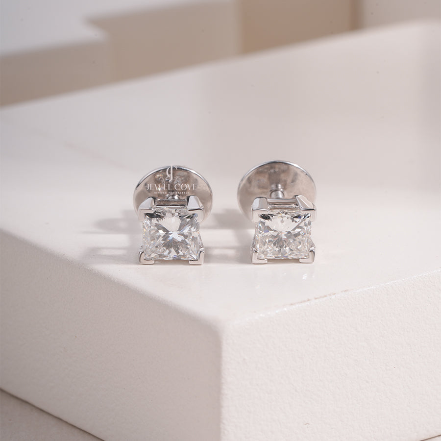 1CTW Princess Moissanite Solitaire Studs | EF Color | VVS-VS Clarity | IGI Certified