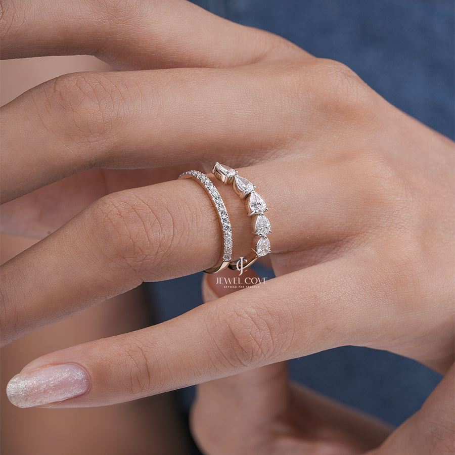 Pear Cut Moissanite Elegant Yellow Gold Stackable Ring Diamonds and Slim Pave Band