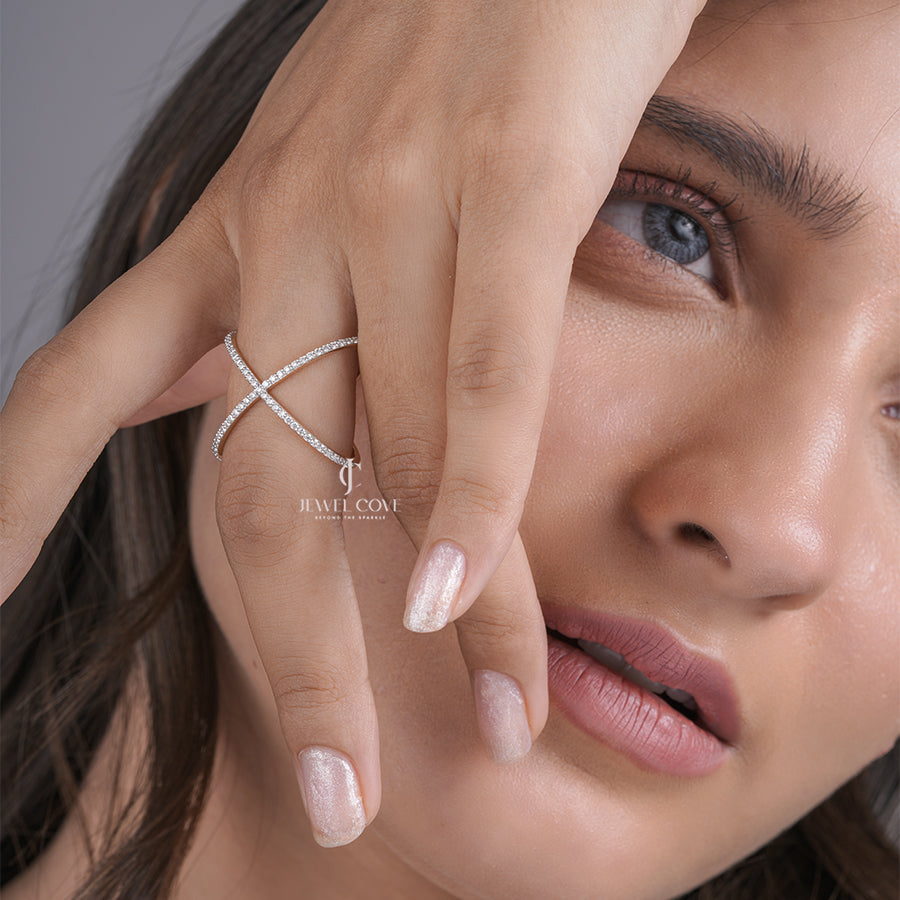 X-Shape Crossover Moissanite Ring with Pave Detailing, Modern Elegant Gold Jewelry