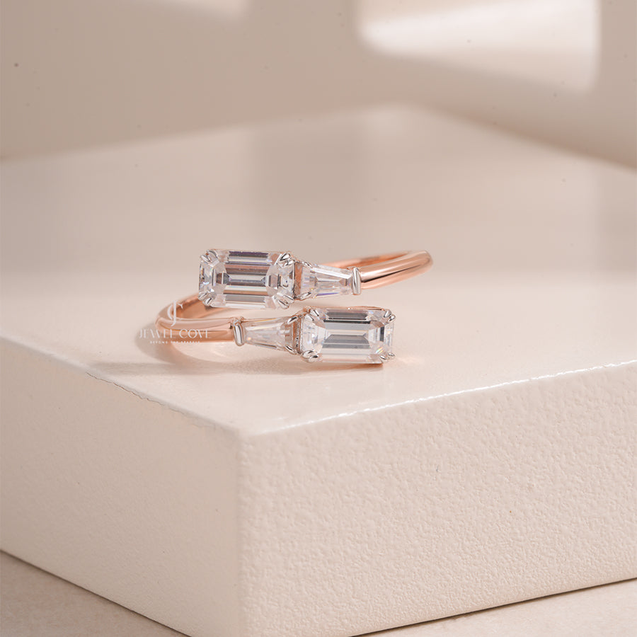 Bypass Lab Grown Ring with Emerald-Cut and Tapered Baguette Diamonds, Modern Open-Style Gold Jewelry