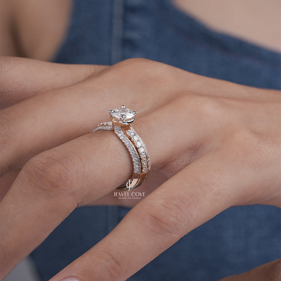 Round Brilliant Lab Diamond Engagement Ring with Split Pave Band in Yellow Gold | Luxury Bridal Jewelry