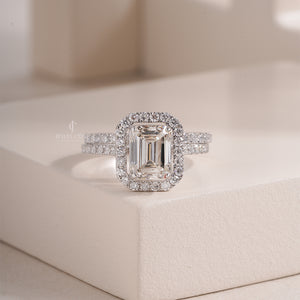 Emerald Halo Setting Engagement Ring | White Gold Double Band | IGI Certified