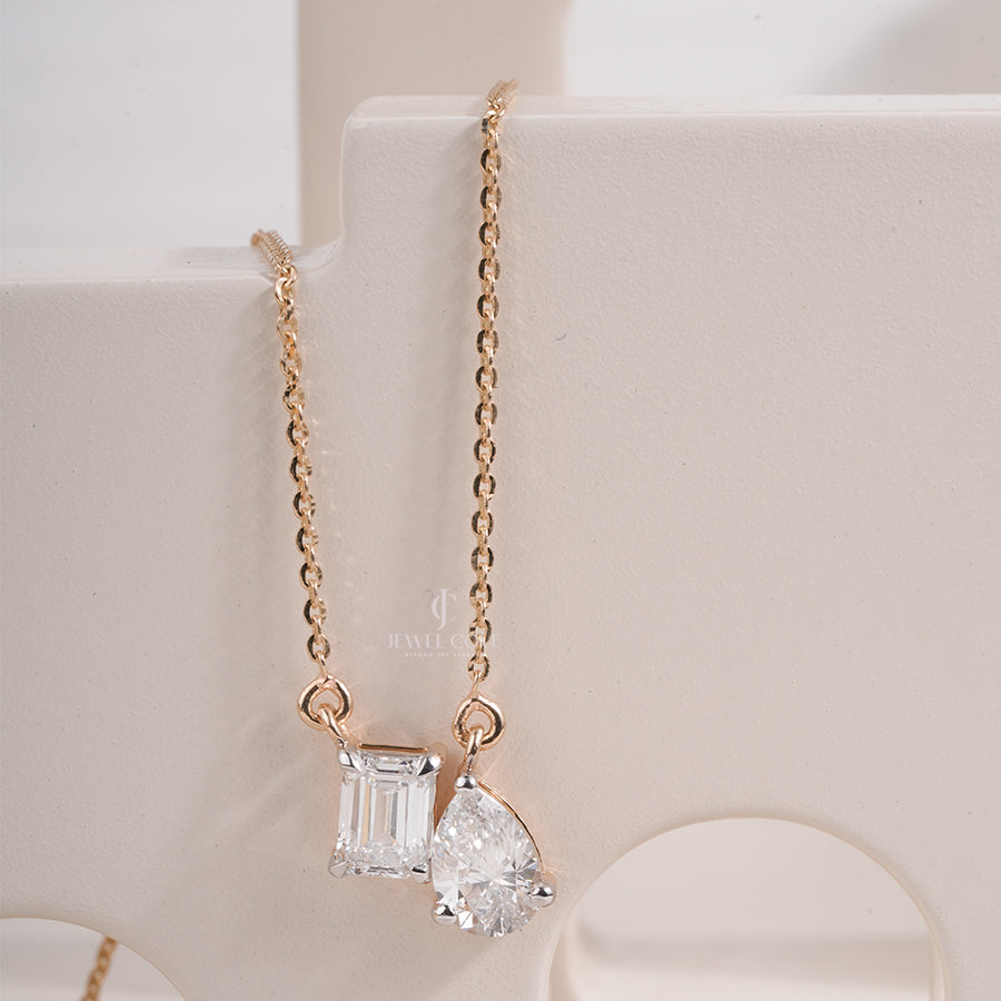 Emerald & Pear Lab Grown Diamond Pendant in Yellow Gold, Modern Two Stone Diamond Necklace