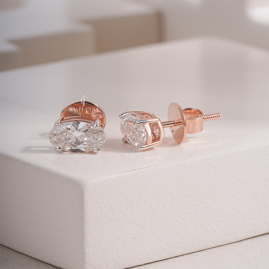 Rose Gold Oval Moissanite Diamond Studs – Elegant Oval Cut Solitaire Earrings for Daily Wear
