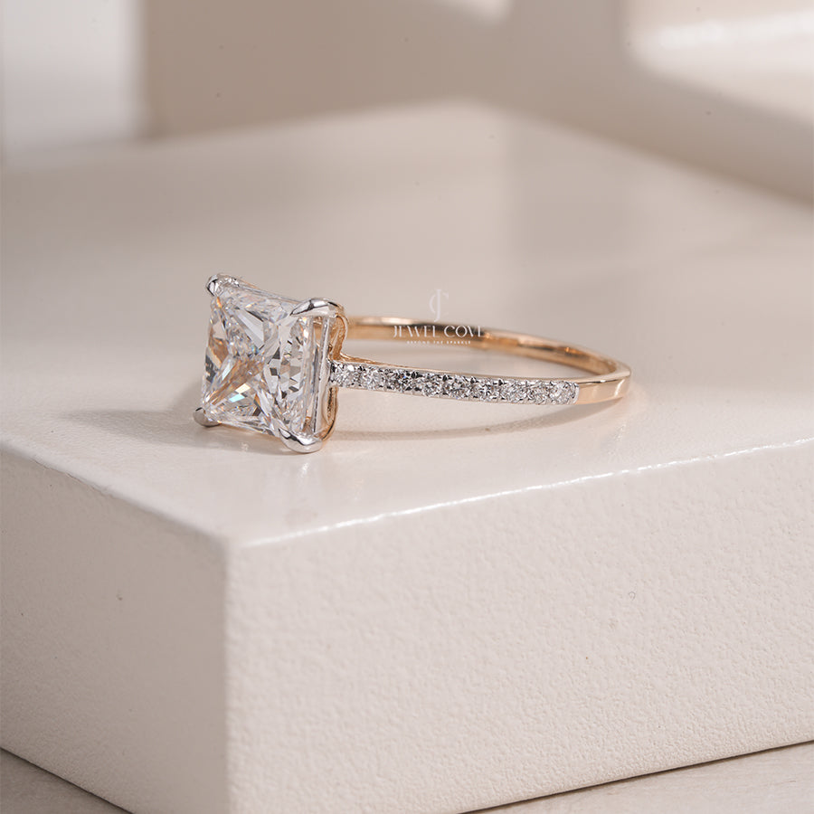 Princess Lab Diamond Solitaire Engagement Eternity Ring with Pave Band| IGI Certified