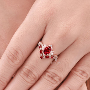 Art Deco Oval Shaped Ruby Gemstone Cluster Bridal Set Rings | Moissanite Diamonds | GRA Certified