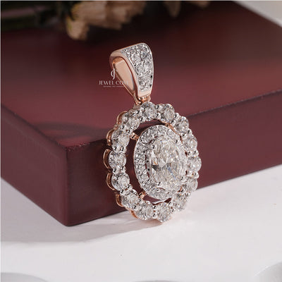 Oval Diamond with Double Halo and Scalloped Diamond Border Pendant (ONLY PENDENT)