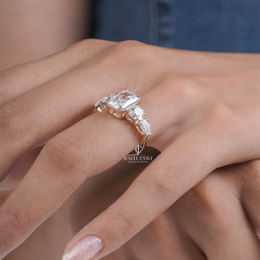 Emerald Cut Moissanite Engagement Ring with Tapered Side Diamonds in White Gold, Elegant Three Stone Ring