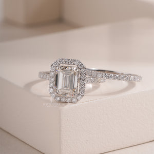 Emerald Halo Setting Engagement Ring | White Gold Double Band | IGI Certified