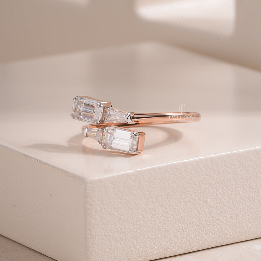 Bypass Lab Grown Ring with Emerald-Cut and Tapered Baguette Diamonds, Modern Open-Style Gold Jewelry