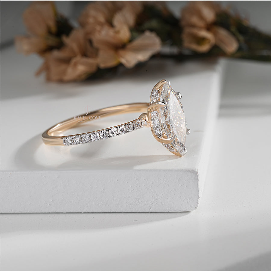 Marquise Diamond Engagement Ring with Pavé Band – Elegant Gold Solitaire