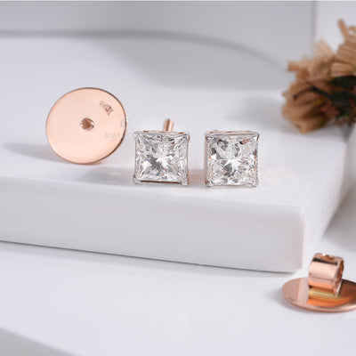 Princess Cut Diamond Stud Earrings for Women in Rose Gold Daily Wear Jewellery Gift