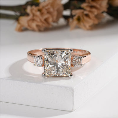 Three-Stone Princess-Cut Diamond with Round Side Diamond Ring